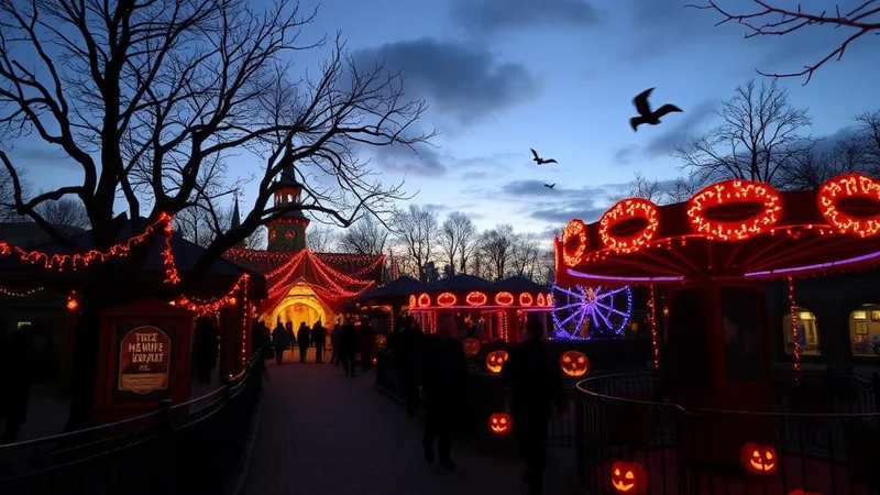 A festive amusement park at dusk, decorated for Halloween with glowing orange lights, jack-o'-lanterns, and silhouettes of people walking along a path. A carousel and a Ferris wheel are visible in the background, with silhouetted birds flying in the twilight sky.