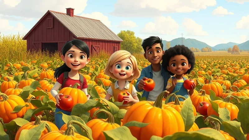 Four cartoon children of diverse ethnicities stand in a pumpkin patch, holding apples and smiling. A red barn and corn stalks are visible in the background under a partly cloudy sky.