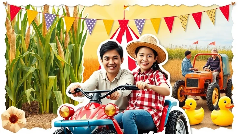 A smiling young Asian couple rides a red ATV through a cornfield decorated with festive pennant banners. In the background, two people ride an orange tractor, and three large yellow rubber ducks are scattered on the ground.