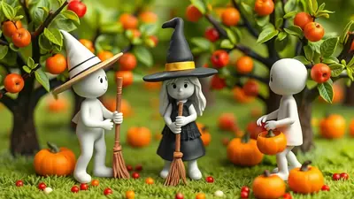 Three cartoon figures dressed for Halloween stand in a grassy area with pumpkins and fruit trees. One figure wears a white witch hat and holds a broom, another wears a black witch hat and dress and holds a broom, and the third figure holds a small pumpkin.