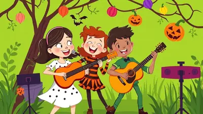 Three cartoon children are playing music outdoors for Halloween. A girl on the left sings into a microphone while playing guitar, a girl in the middle plays guitar and sings, and a boy on the right plays guitar. They are standing in front of a tree decorated with pumpkins and bats, with grass and plants around them.