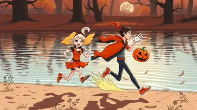 Two cartoon characters, a boy and a girl dressed in Halloween costumes, are running along a riverbank in an autumn forest setting. The boy, wearing a cape and a witch's hat, is holding a jack-o'-lantern. The girl, in a witch's dress, has blonde pigtails. The scene has a playful and festive Halloween mood.