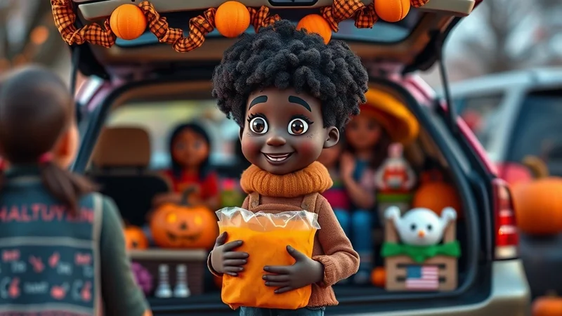 A young Black child with a large afro smiles brightly while holding a bag of candy in front of a car trunk decorated for Halloween with pumpkins and festive ribbon.