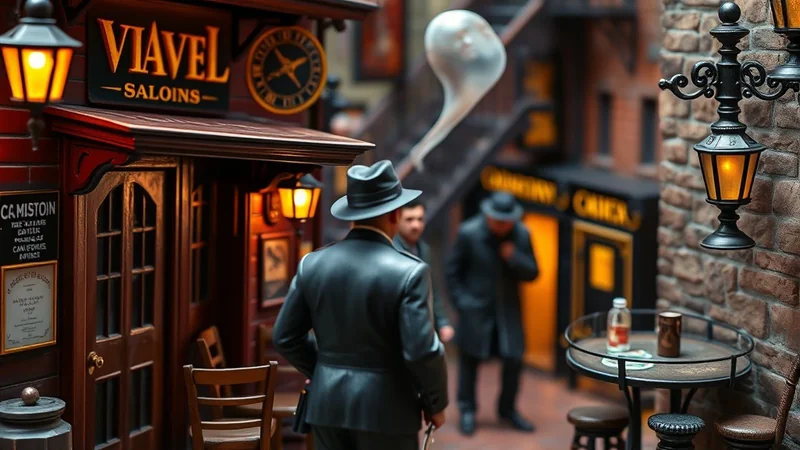 A man in a fedora and trench coat walks down a dimly lit, narrow street lined with brick buildings and glowing lanterns, with two other figures in the background.