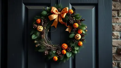 A festive Halloween wreath adorned with mini jack-o'-lanterns, pinecones, and greenery, hangs on a dark wooden door next to a brick wall.