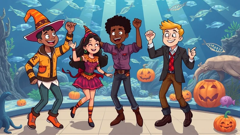 Four diverse cartoon children in Halloween costumes are dancing joyfully in front of an aquarium exhibit filled with fish and pumpkins.