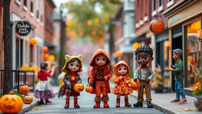 Four stylized, cartoonish children in Halloween costumes stand on a street decorated with pumpkins and autumn leaves. The children are holding jack-o'-lanterns and appear to be trick-or-treating.