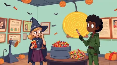 A young witch in a black hat and cape holds a book, while a child in a green military-style uniform offers a candy stick. They are in a room decorated for Halloween with pumpkins, bats, and framed pictures on the wall, with a large bowl of candy between them.