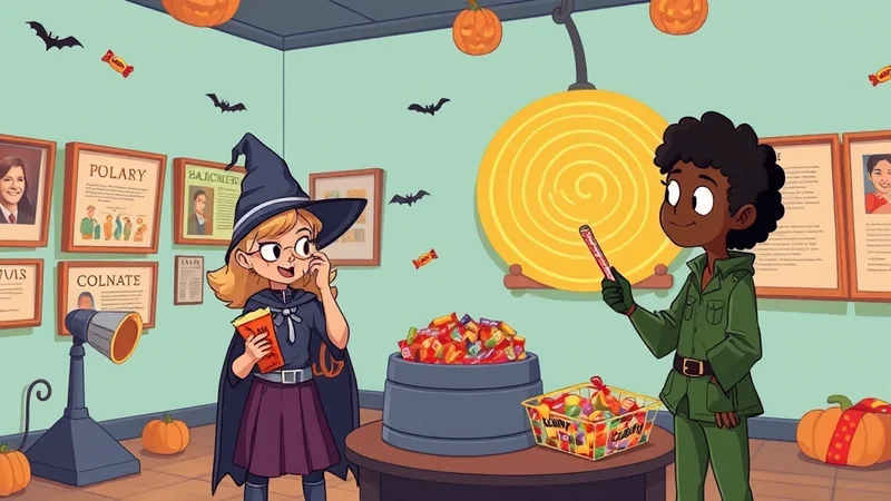 A young witch in a black hat and cape holds a book, while a child in a green military-style uniform offers a candy stick. They are in a room decorated for Halloween with pumpkins, bats, and framed pictures on the wall, with a large bowl of candy between them.