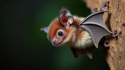 A close-up, detailed image of a baby bat clinging to a textured surface, with its large ears and delicate wings prominently displayed against a dark, blurred background.
