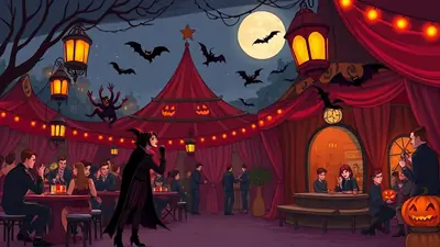 A vibrant Halloween carnival scene at night, with a large red tent, glowing lanterns, flying bats, and people dressed in costumes enjoying the festivities.