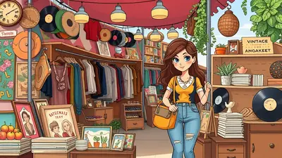 A young woman with brown hair and blue eyes, wearing a yellow and blue shirt and ripped jeans, stands in a vintage clothing and record store, holding a brown purse.