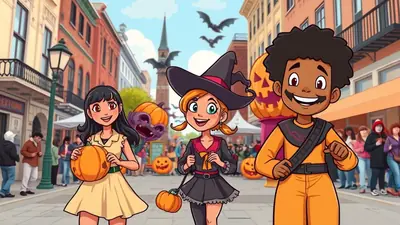 Three children in Halloween costumes are smiling and holding pumpkins on a street decorated for Halloween. The child on the left wears a yellow dress, the middle child is dressed as a witch, and the child on the right wears an orange jumpsuit.