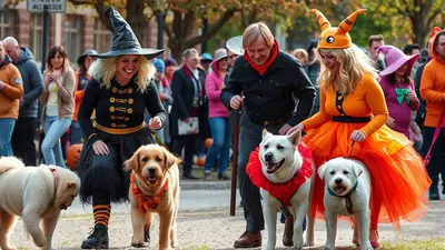 People in Halloween costumes, including a witch and a character with orange horns, walk their dogs in a parade. The dogs are also dressed up with festive bandanas and collars.