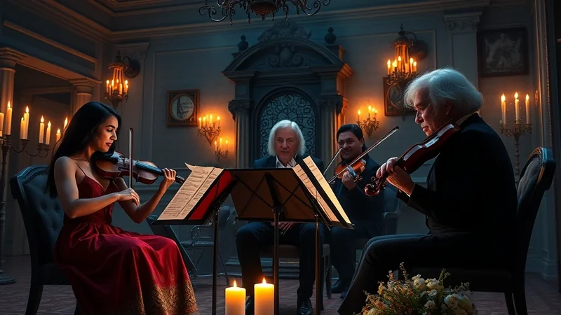 A string quartet plays violins in a dimly lit, ornate room, illuminated by flickering candles, creating a dramatic and elegant atmosphere.