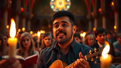 A man with a beard and mustache plays an acoustic guitar and sings in a church, surrounded by people holding candles and a stained glass window above.
