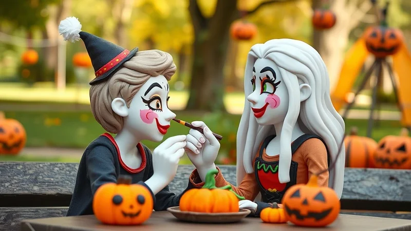 Two figures with clown-like makeup and Halloween costumes are sitting at a table outdoors, with pumpkins scattered around them. One figure is applying makeup to the other's nose with a brush.