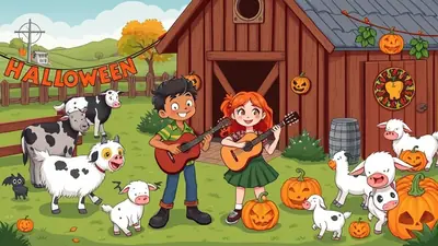 A boy and a girl play guitars in front of a barn decorated for Halloween with pumpkins and a 'HALLOWEEN' banner, surrounded by cows, goats, and a bat.