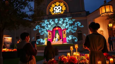 A nighttime outdoor scene with a building facade decorated with Day of the Dead imagery, including a large skull projection and floral patterns. People are observing the display, with candles and flowers in the foreground.