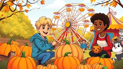 A boy and a woman are crouching in front of a pile of pumpkins at a fall festival, with a Ferris wheel and a circus tent in the background. The woman is holding a carved jack-o'-lantern, and several cats are gathered around them.