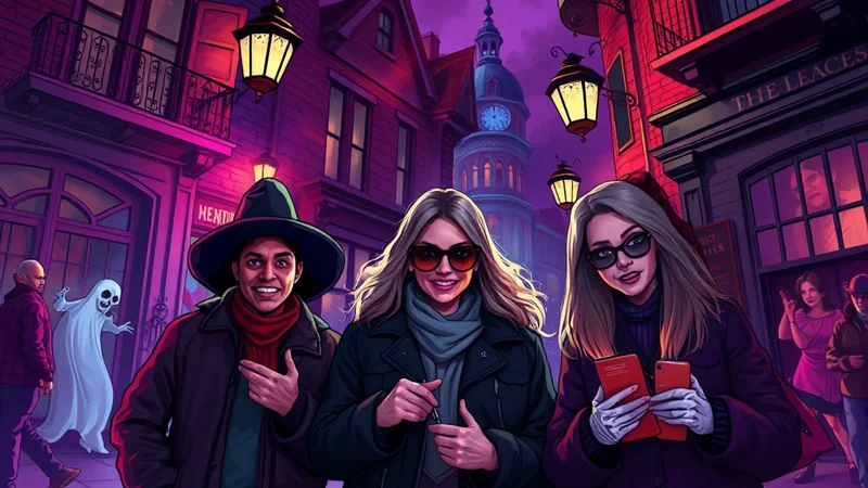 Three friends in Halloween costumes pose for a photo on a dimly lit, spooky street with a ghost in the background.