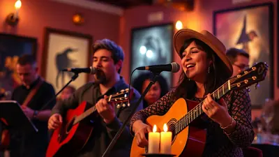A woman in a straw hat sings into a microphone while playing an acoustic guitar, accompanied by a man playing guitar and singing in the background. Two candles glow in front of the woman, creating a warm, intimate atmosphere for their performance.