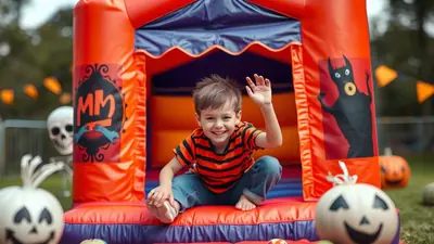 A smiling young boy in an orange and black striped shirt and jeans waves enthusiastically while sitting on the edge of an inflatable Halloween-themed bounce house. The bounce house is decorated with spooky graphics, including a skeleton and a black monster, and is surrounded by pumpkins and Halloween decorations.