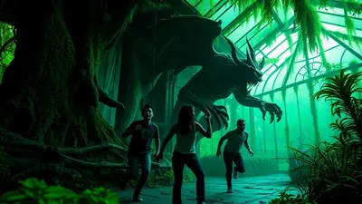 Three people are running away from a large, dark dragon in a lush, green greenhouse. The dragon is in mid-air, with its wings spread and claws extended, appearing menacing. The people are looking back at the dragon with expressions of fear and urgency. The setting is dimly lit with a strong green hue, creating a dramatic and suspenseful atmosphere.
