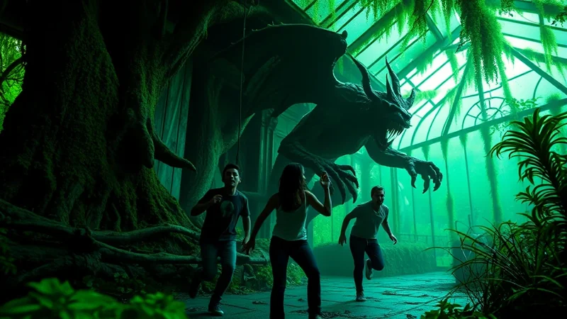 Three people are running away from a large, dark dragon in a lush, green greenhouse. The dragon is in mid-air, with its wings spread and claws extended, appearing menacing. The people are looking back at the dragon with expressions of fear and urgency. The setting is dimly lit with a strong green hue, creating a dramatic and suspenseful atmosphere.