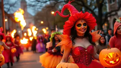 A woman in a vibrant red witch costume with elaborate face paint smiles at the camera, holding a carved pumpkin. She is part of a Halloween parade with other costumed people and flaming torches in the background.