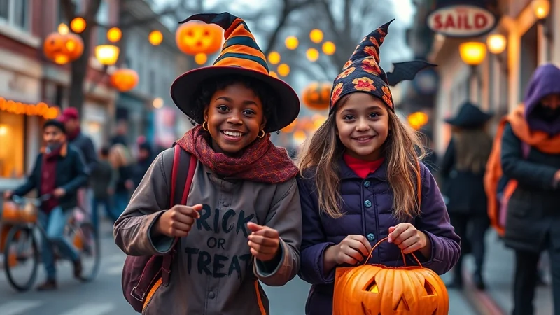 Two young girls dressed as witches, smiling and holding a jack-o-lantern on a street decorated for Halloween.