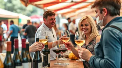 A group of smiling people are toasting with wine glasses at an outdoor event, with bottles of wine visible in the foreground.