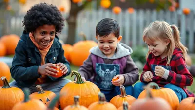 Three young children, two boys and a girl, are sitting in a pumpkin patch surrounded by pumpkins and smiling as they interact with the pumpkins.