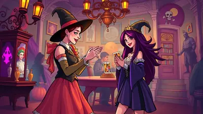 Two witches in a dimly lit room, one with purple hair and a crown, holding tarot cards, and the other with a red bow, gesturing with her hands. A man sits at a table in the background, and the room is decorated with spooky Halloween-themed items.