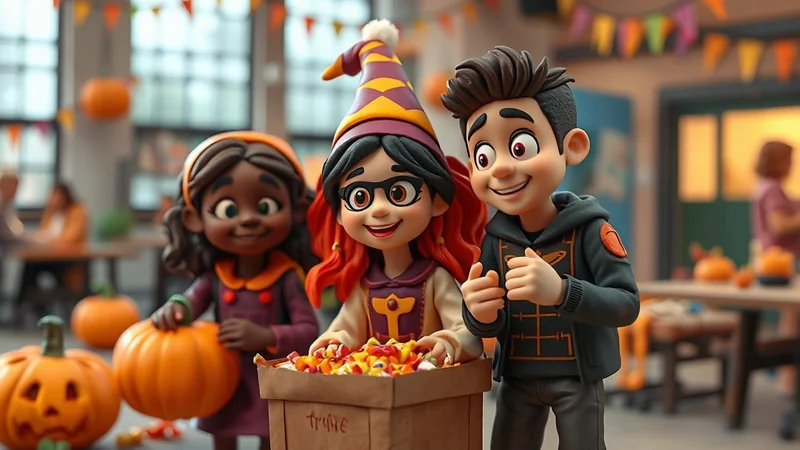 Three cartoon children in Halloween costumes are gathered around a box of candy, with pumpkins and Halloween decorations in the background.
