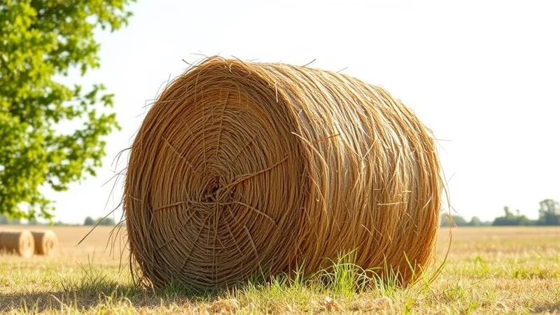 A large, round bale of straw sits in a harvested field under a bright, sunny sky. The field is covered in stubble, and more bales are visible in the distance. The scene evokes a sense of rural harvest and abundance.