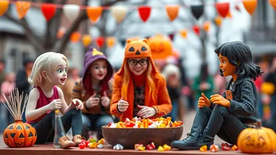 Four cartoon-like children in Halloween costumes sit around a bowl of candy, with pumpkins and festive decorations in the background.