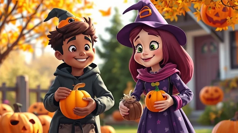 Two cartoon children, a boy and a girl dressed in Halloween costumes, stand in a yard decorated with pumpkins and autumn leaves. The boy wears a dark hoodie and a witch hat with a pumpkin decoration, holding a small pumpkin. The girl, dressed as a witch in a purple dress and hat, holds a small pumpkin and a bundle of straw. The scene has a festive and cheerful Halloween atmosphere.