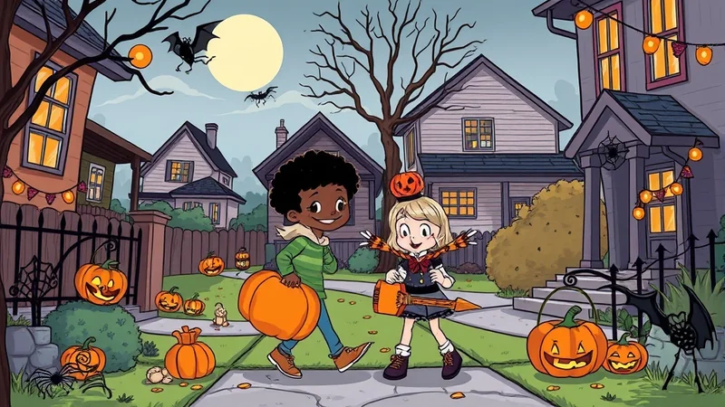 Two children, one Black boy and one white girl, dressed for Halloween, walk down a suburban street carrying pumpkins. The boy carries a large pumpkin, and the girl has a small pumpkin on her head and is dressed as a bat. The scene is set at dusk with a full moon, decorated houses, and jack-o'-lanterns, creating a festive Halloween atmosphere.