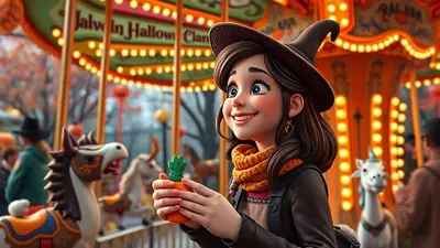 A young girl dressed as a witch, with a pointed hat and orange scarf, smiles while holding a small cactus toy in front of a brightly lit Halloween-themed carousel.