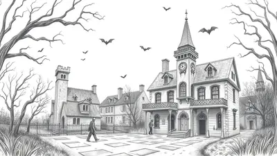A pencil sketch of a gothic-style building with a clock tower, surrounded by bare trees and flying bats, under a bright sky. In front of the building, there are several square plots, and two figures are walking.