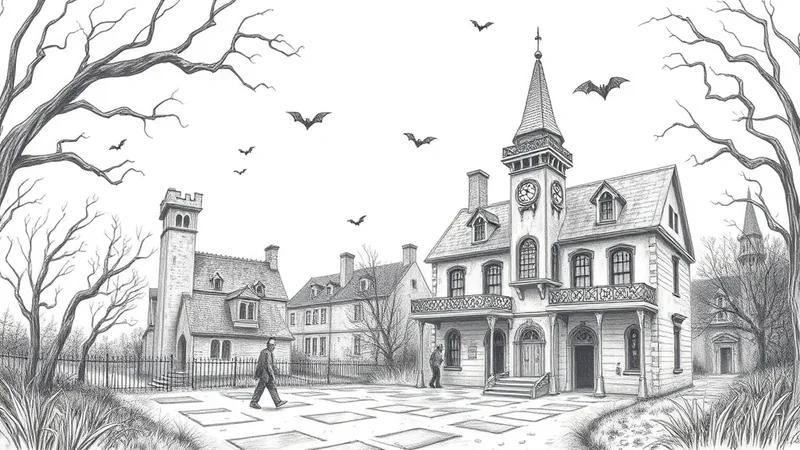 A pencil sketch of a gothic-style building with a clock tower, surrounded by bare trees and flying bats, under a bright sky. In front of the building, there are several square plots, and two figures are walking.