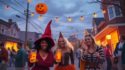 Three women in witch costumes are holding drinks and smiling at a Halloween street party. They are wearing pointy hats and festive attire, with string lights and a large jack-o'-lantern decoration overhead.