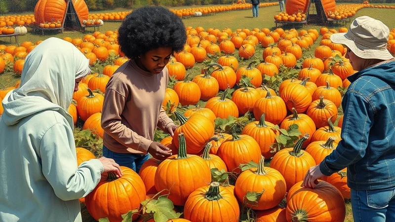 Three people are selecting pumpkins from a large pumpkin patch on a sunny day. The person on the left wears a light blue hijab and coat, the person in the middle has dark curly hair and wears a brown long-sleeved shirt, and the person on the right wears a blue denim jacket and a light-colored hat.