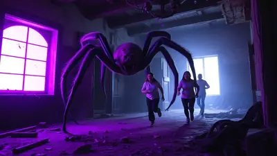 A giant, hairy, purple spider looms over two people running away from it in a dimly lit, dilapidated room with purple lighting.