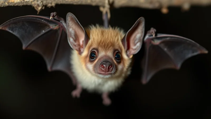 A close-up, head-on shot of a small, fluffy bat hanging upside down from a branch against a dark background. The bat has large, expressive eyes, prominent ears, and its wings are partially spread.