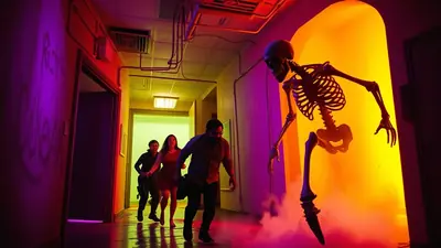Three people are running down a hallway with purple and yellow lighting, fleeing from a giant skeleton that is emerging from a doorway filled with orange light and smoke.