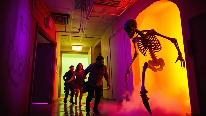 Three people are running down a hallway with purple and yellow lighting, fleeing from a giant skeleton that is emerging from a doorway filled with orange light and smoke.