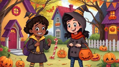 Two young girls dressed as witches stand in a suburban neighborhood decorated for Halloween, holding candy buckets and surrounded by pumpkins and autumn leaves.