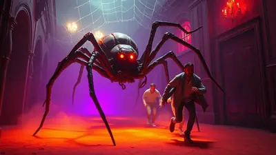 A giant spider with glowing red eyes looms over two men who are running away in a dimly lit, ornate room with purple and orange lighting.